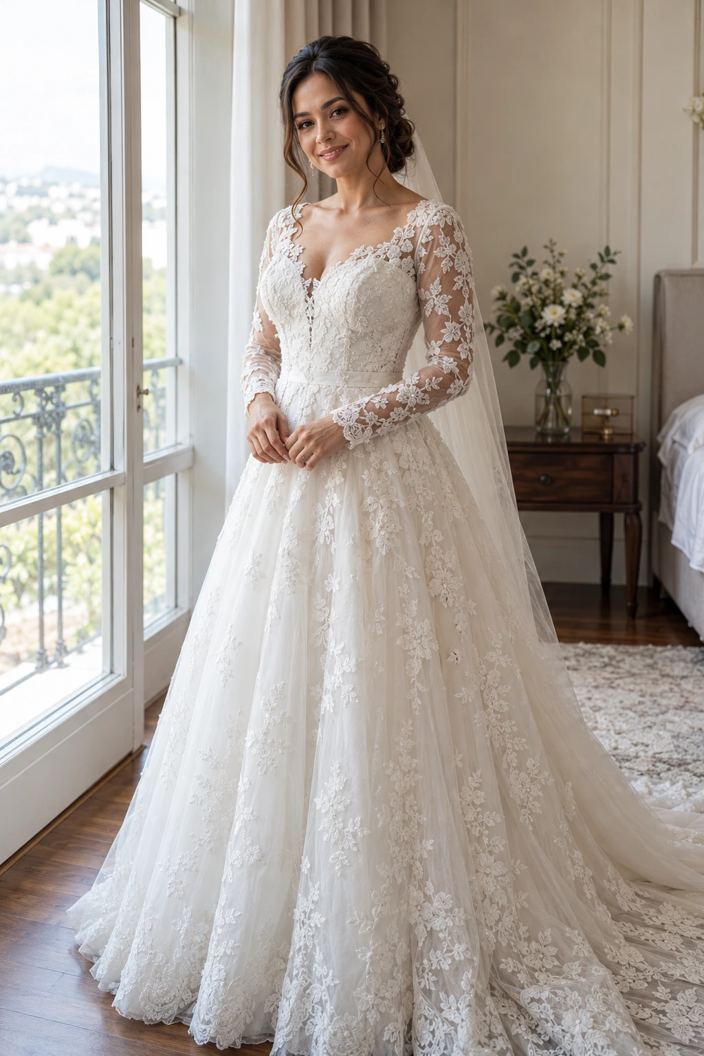 Noiva sorrindo em um vestido branco com detalhes delicados